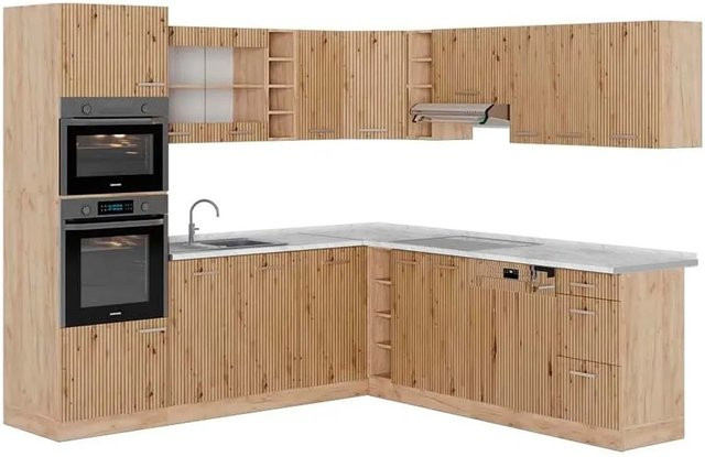 Vicco R-Line Eckküche Artisan-Eiche und Goldkraft Eiche mit Marmor-Optik, B/T/H: 237 x 247 x 81,6 cm - Bild 1