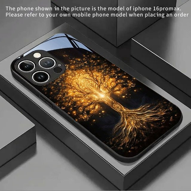 Jinhui Handyhülle aus gehärtetem Glas mit Lebensbaum Muster in Schwarz für Samsung Galaxy S25 S24 S23 Ultra Plus FE stoßfest - Bild 1