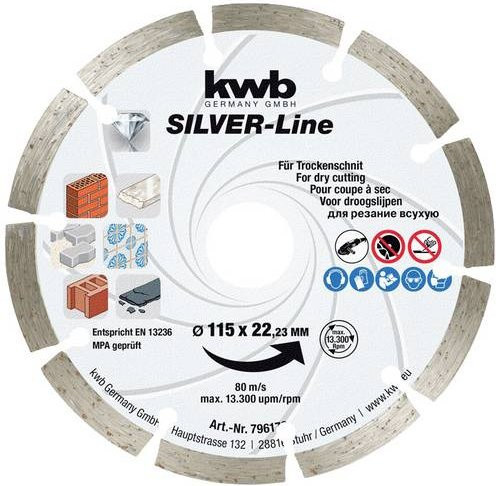 Kwb Diamanttrennscheibe 796170 in Silber für Beton und Ziegel mit Durchmesser 115 mm und Bohrungs-Ø 22,23 mm - Bild 1