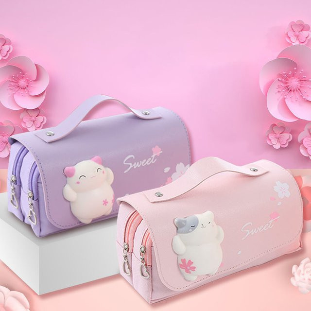 Kawaii Federmäppchen mit süßem Katzenmotiv, doppellagige Schultasche und große Bleistiftbox zur Aufbewahrung von Schreibwaren oder Kosmetik - Bild 1