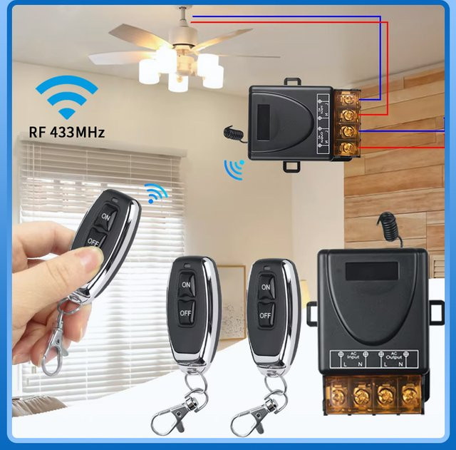 GGBEE RF 433MHz Drahtlose Fernbedienung mit Relais-Empfänger und Sender in Schwarz für LED Licht, Wasserpumpe und Motor (12V-220V, 30A) - Bild 1