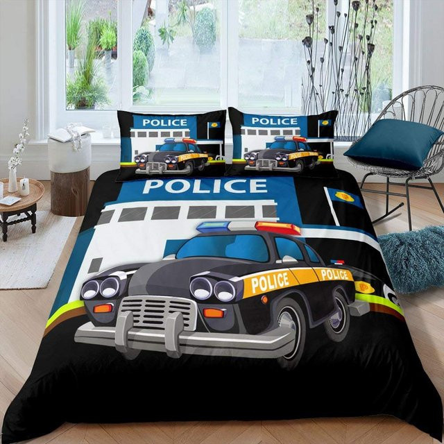 Allbestart Bettwäsche-Set Polizeiauto mit Cartoon Einsatzfahrzeugen in Blau und Grau, B/H: 135 x 200 cm - Bild 1