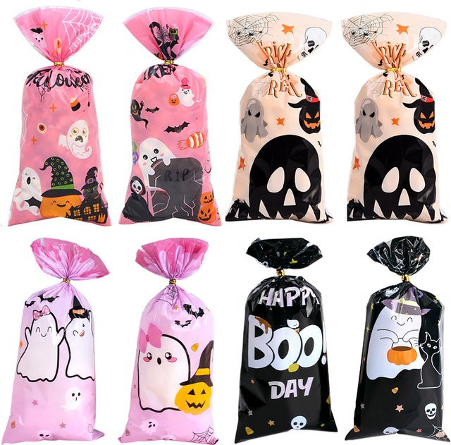 WEIGAO Halloween Süßigkeiten Taschen Set mit Geist und Kürbis Motiv, 50 Stück bunte Kunststoff Beutel für Kinder als Party Dekoration und Geschenkverpackung - Bild 1