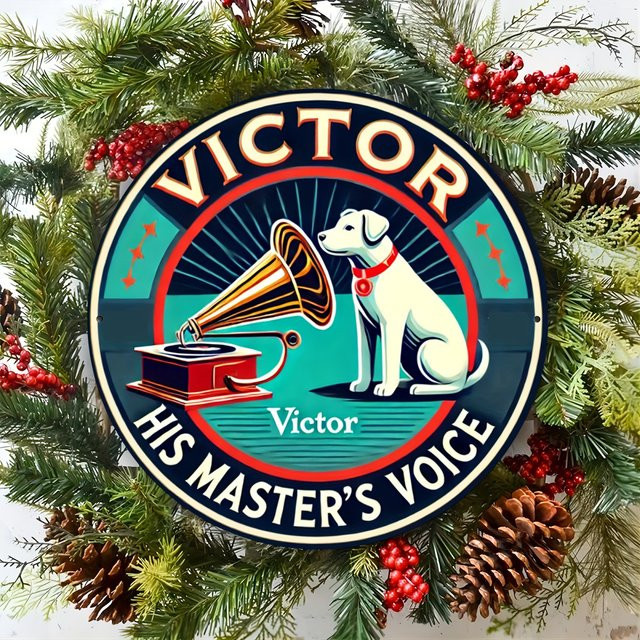 Victor His Master's Voice Rundes Aluminiumschild von Potdemiel – Vintage Metallwandkunst mit Hund und Grammophon, Mehrfarbig, Durchmesser: 20,3 cm - Bild 1