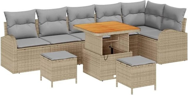 vidaXL Garten-Sofa-Set 9-teilig in Beige und Hellgrau mit Kissen und Couchtisch aus Metall und Akazienholz - Bild 1