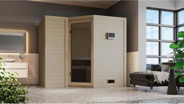Karibu Sauna Steena 2 mit Bio-Ofen und externer Steuerung aus Fichte in Natur/Braun/Beige, B/T/H: 236 x 184 x 184 cm - Bild 1