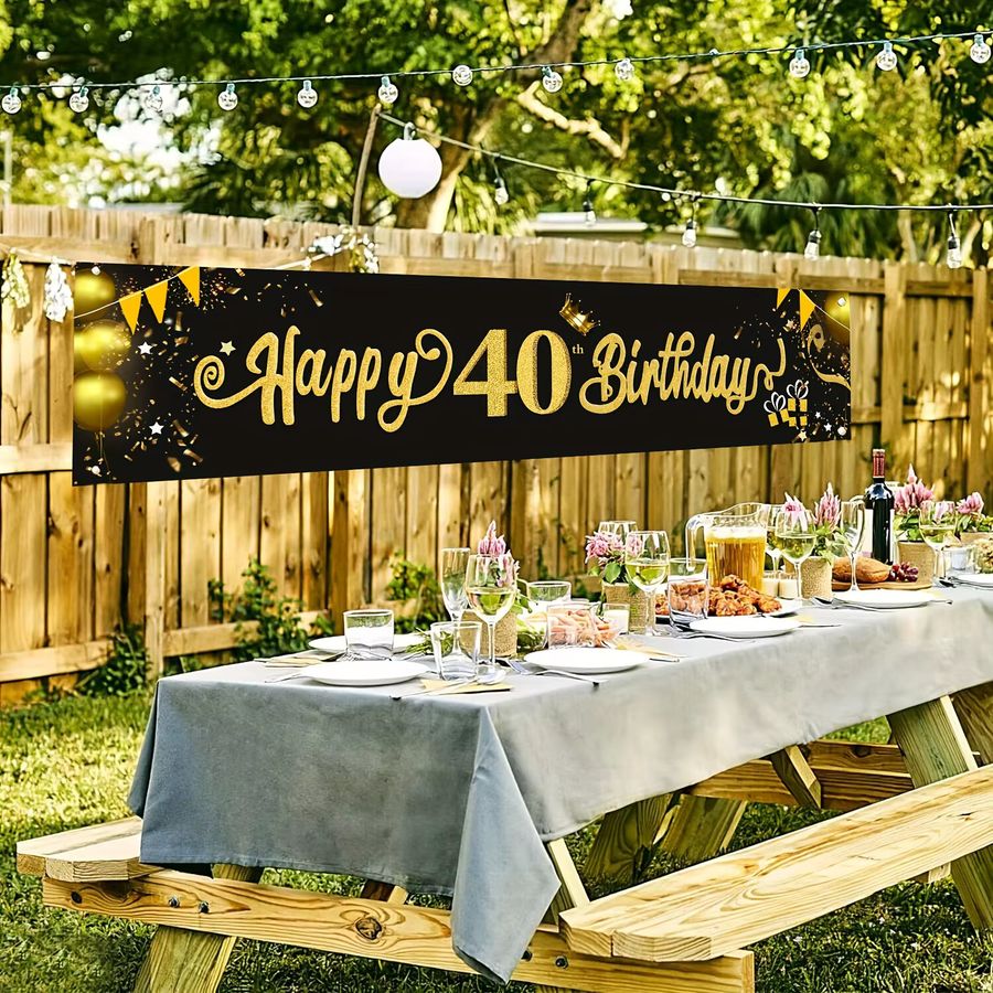 VIKAMA Happy 40th Birthday Banner Geburtstag Party Dekoration in Schwarz und Gold als Fotohintergrund - Bild 2