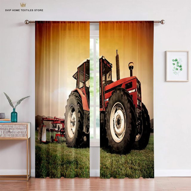 Yiran Furniture Gaze-Vorhänge mit Bauernhof-Motiven und Traktoren für Kinder, 2er-Set, Transparent, B: 50 cm, H: 160 cm - Bild 1