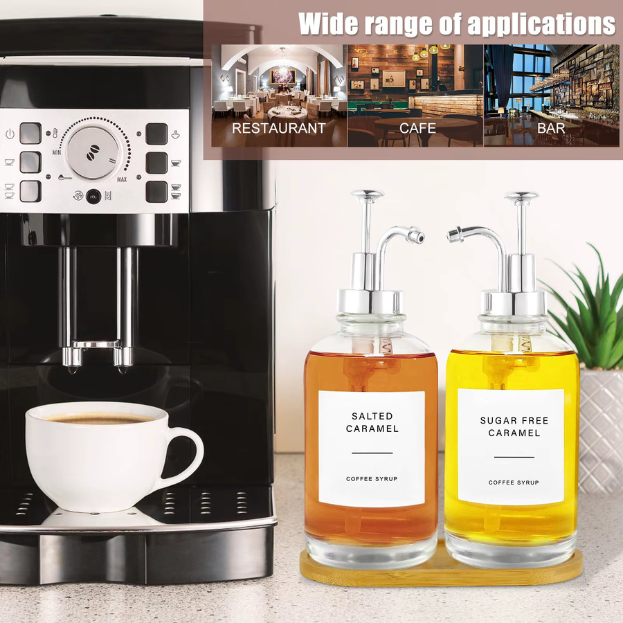 Willstar Kaffee-Sirup-Spender Set aus Glas mit Pumpe und Etiketten, 2 Stück, transparent mit silbernen Akzenten, 500 ml pro Flasche - Bild 3