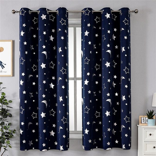 Silberstern-Mond Verdunkelungsvorhänge von For Future, thermoisoliert und UV-beständig, Ösenvorhänge mit Sternen-Design in Blau/Silber, Breite: 137 cm, Höhe: 183 cm - Bild 1