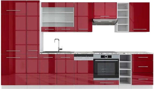 Vicco Fame-Line Küchenzeile Bordeaux Hochglanz/Weiß mit Marmor-Optik, Breite: 355 cm - Bild 1
