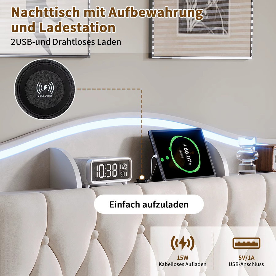Rosahqnda Doppelbett aus Samt in Grau mit LED-Beleuchtung, USB-Anschluss und hydraulischem Stauraum, B/T/H: 140 x 200 cm - Bild 5