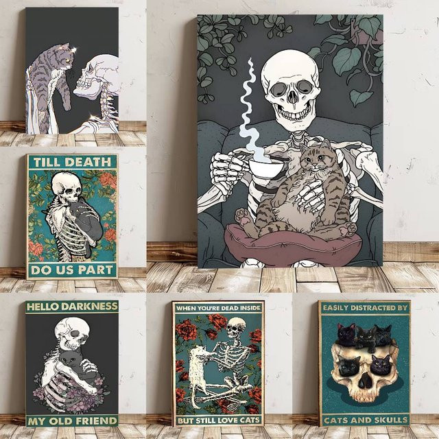 Wandkunst-Aufkleber mit Cartoon-Schädel-Katze Motiv in Mehrfarbig, Rechteckiges Halloween Poster aus Papier - Bild 1