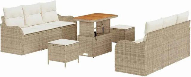 vidaXL 9-teiliges Gartensofa-Set aus Poly Rattan und Akazie in Beige mit Kissen und Beistelltisch - Bild 1