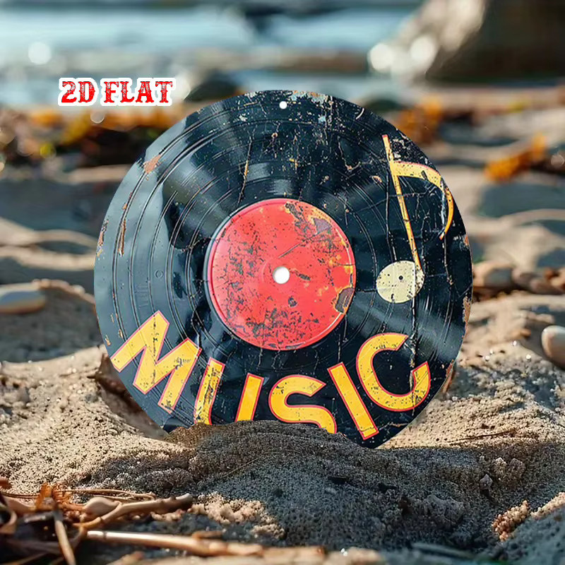 Potdemiel Metall Wanddekoration Vintage Vinyl Schallplatte im Retro-Stil mit Musiknoten und Soundwave, Schwarz, Gold und Rot - Bild 4
