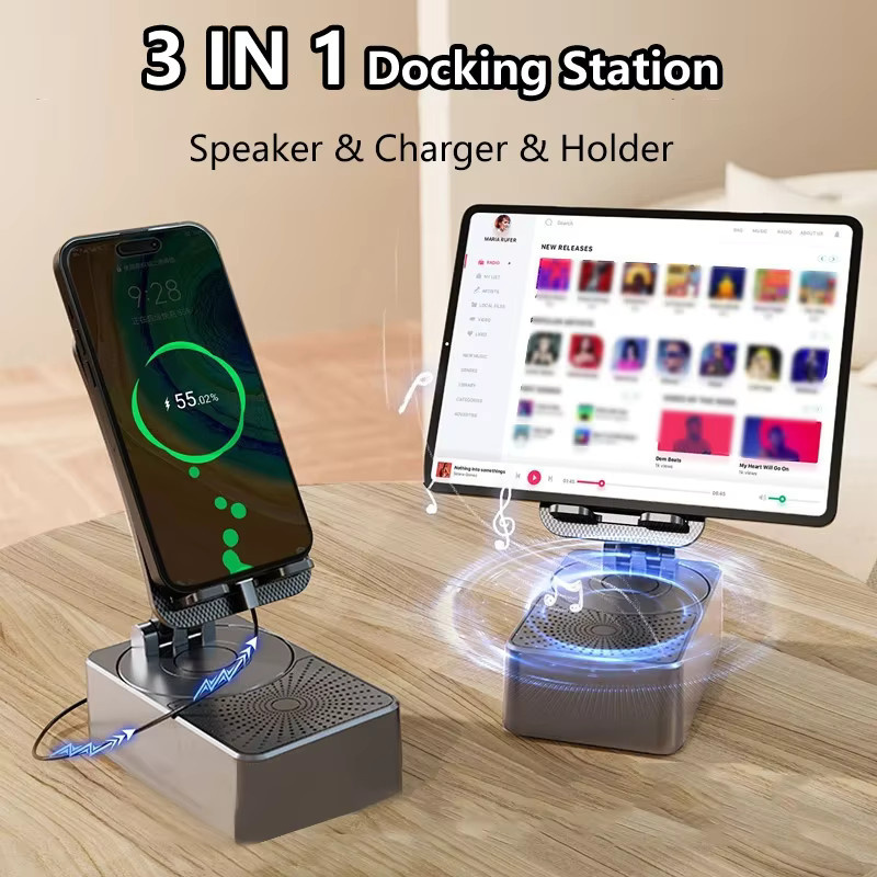 KEBIDUMEI 3-in-1 Bluetooth-Lautsprecher und Handyhalterung mit Ladestation in Schwarz - Bild 2