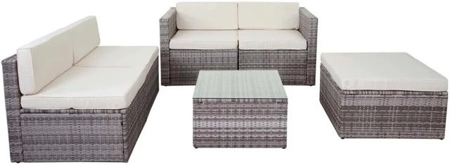 MCW Poly-Rattan Lounge-Garnitur D24 mit Sofa, Tisch mit Glasplatte und Polstern in Grau und Creme - Bild 2