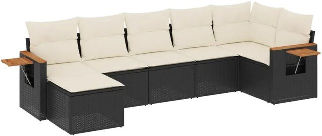 vidaXL 7-teilige Garten-Sofagarnitur aus Poly-Rattan und Akazienholz in Schwarz-Creme mit Kissen - Bild 1