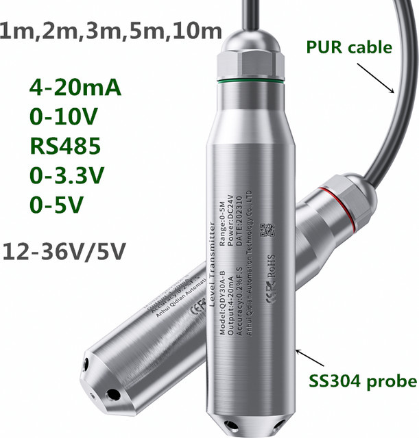 Tauchfähiger Wasserstandsensor von XUYANGQIDIAN in Silber mit 4-20mA, 0-10V oder RS485 für Tank, Brunnen und Pool - Bild 1