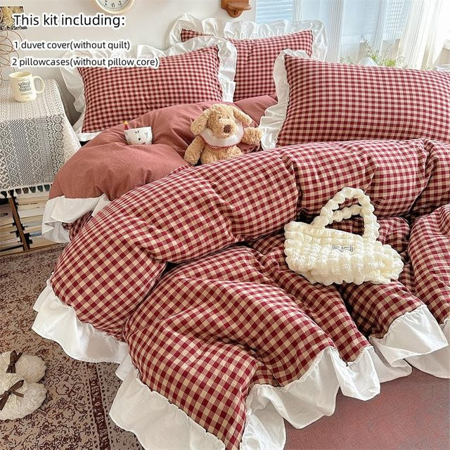3-teiliges Bettwäscheset Bin Chi Textiles mit rot-schwarzem Karomuster und Spitzenstickerei, Farbe: Rot/Schwarz, B/H: 200 x 230 cm - Bild 1