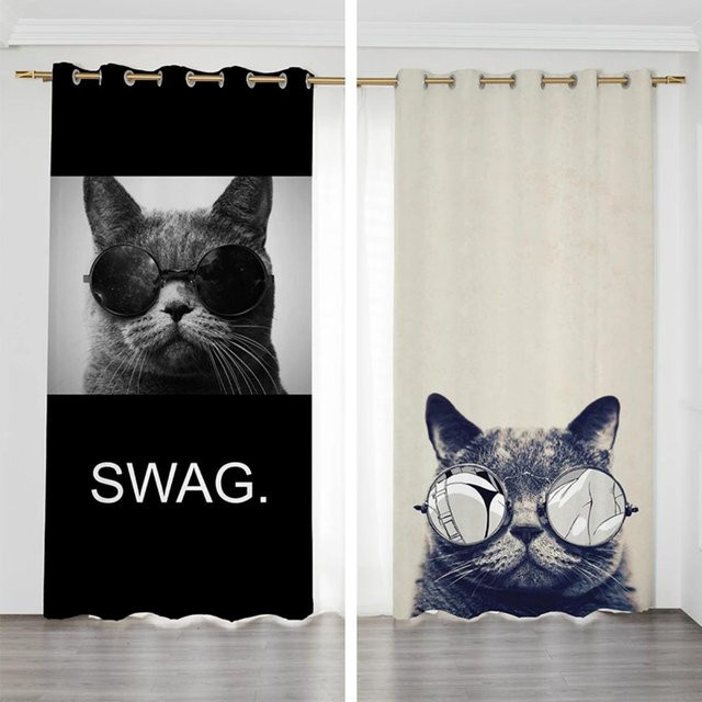 Yiran Furniture Verdunkelungsvorhang mit Katzen-Motiv, Set aus 2 Stück, Weiß, B: 55 cm, H: 120 cm - Bild 1