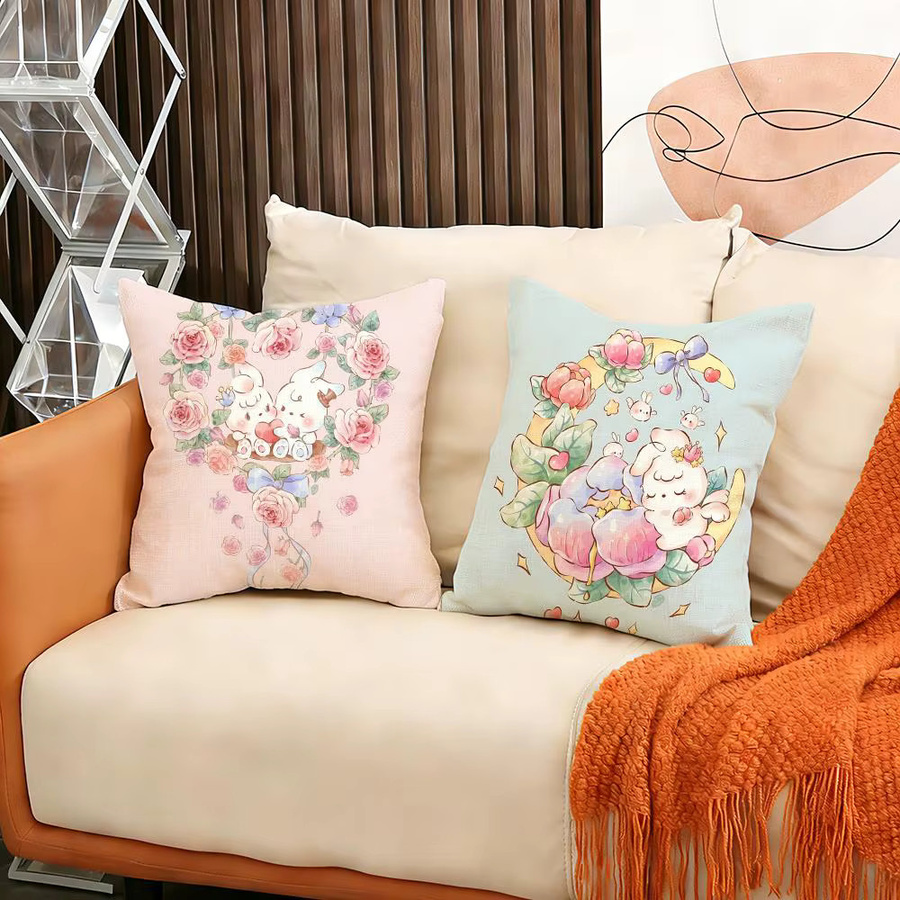 4er-Set R-Rose AngeBunnyS Kissenbezüge aus Leinen in Weiß mit floralem Tier-Design für dein Sofa und deine Heimdekoration - Bild 2