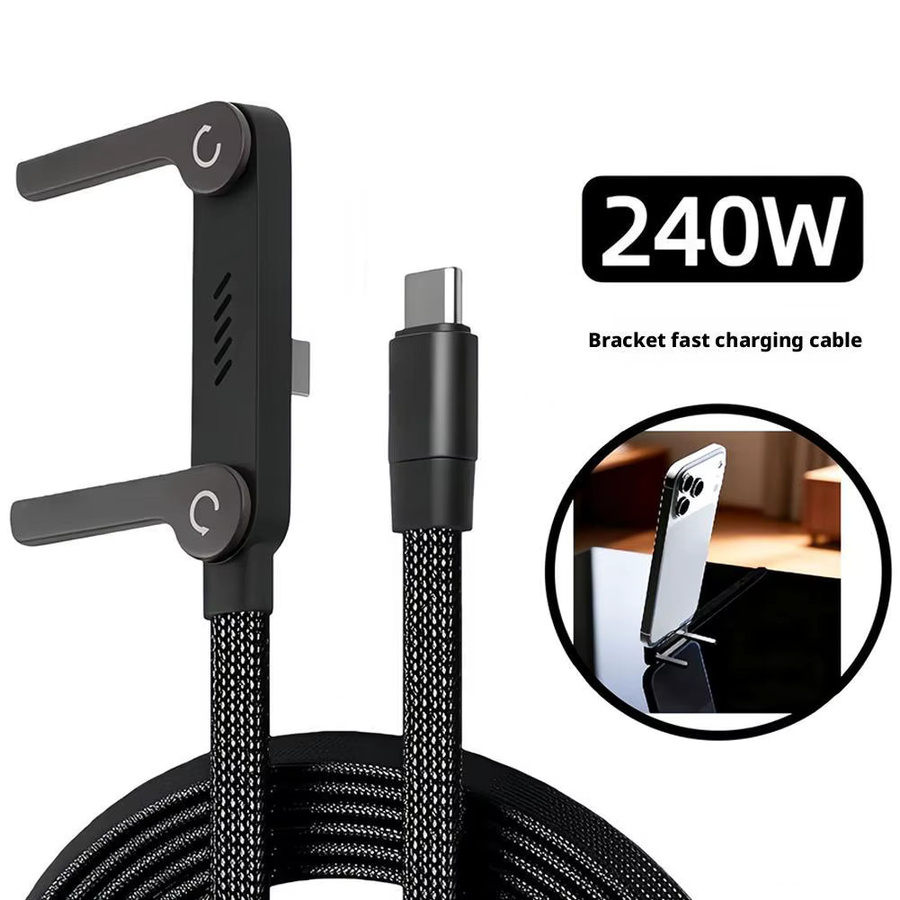 2-in-1 Typ-C zu Typ-C Schnellladekabel mit 240W Leistung und integriertem Gaming-Ellbogen und Telefonständer in Schwarz - Bild 2