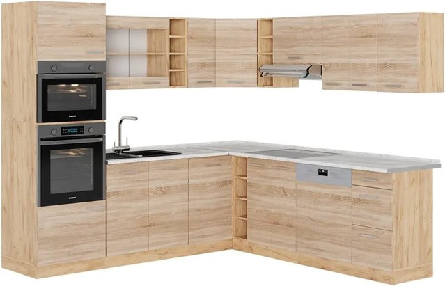 Vicco R-Line Eckküche Sonoma Goldkraft Eiche mit Marmor-Optik, B/T/H: 237 x 247 x 81,6 cm - Bild 1