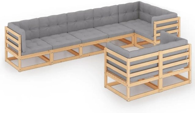 vidaXL 8-tlg Garten-Lounge-Set Modell 29 aus massivem Kiefernholz in U-Form mit grauen Polstern - Bild 1