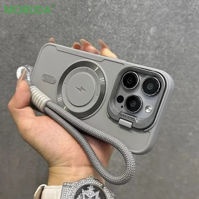 NUCWIN Magnetische Schutzhülle mit Flip-Up-Linsenhalterung und Armband-Lanyard für iPhone, erhältlich in Grün und Grau - Bild 1