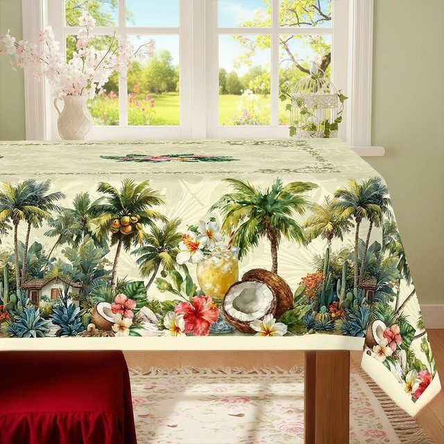 JINGYUE Pet Tischdecke mit tropischem Blumenmuster und Palmenblättern, Mehrfarbig, B/B: 140 x 140 cm - Bild 1