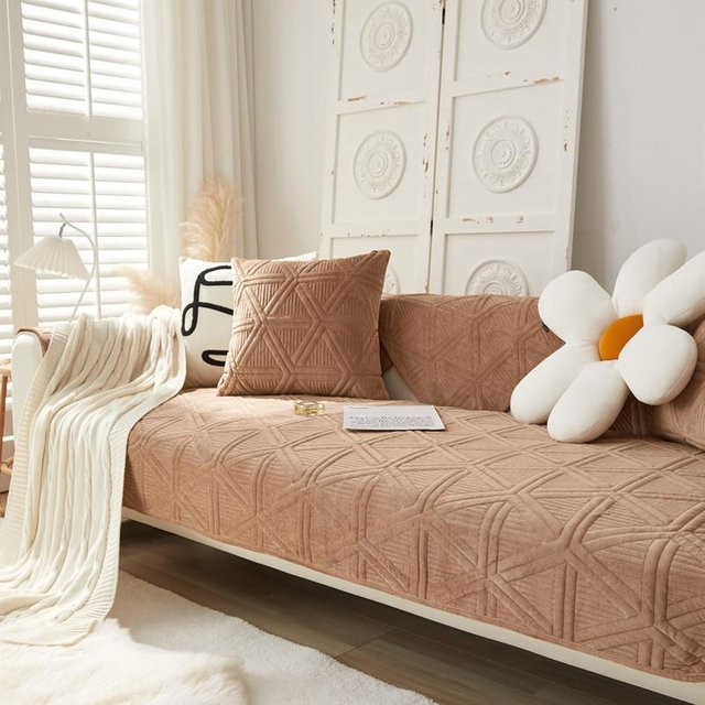 Rutschfester Plüsch-Sofabezug aus Samt in Beige für 2-Sitzer, B/H: 120 x 90 cm - Bild 1