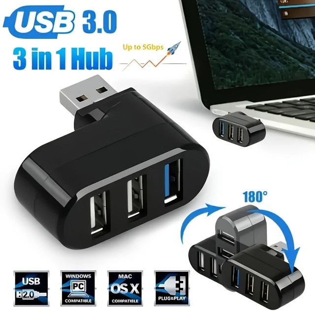 Congdi USB-Hub 3.0 Adapter mit 3 Anschlüssen, drehbar, Schwarz - Bild 1