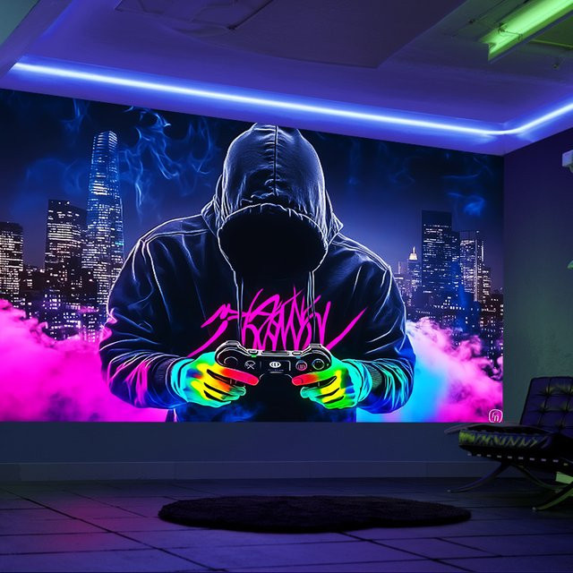 VIKAMA Cyberpunk Wandteppich Neon Esports City Nachtansicht Wanddekoration Multicolour - Bild 1