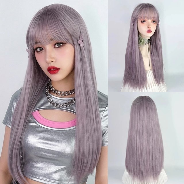 MSIWIGS Perücke für Damen, lange violette Kunsthaarperücke mit Pony - Bild 1