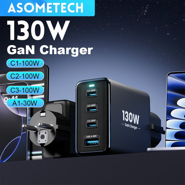 TOPZERO USB Typ C Ladegerät 130 W mit 4 Ports, PD3.0 und QC4.0 Schnellladung, Schwarz - Bild 1