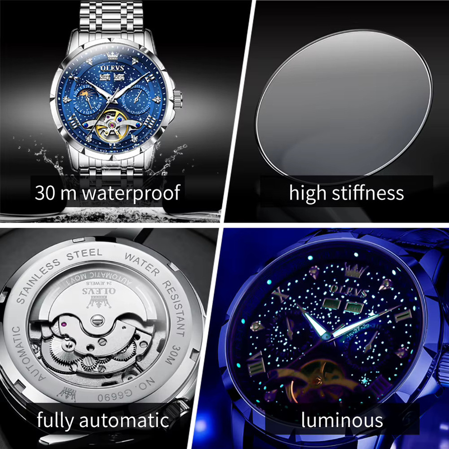 OLEVS Armbanduhr Automatik, Edelstahl, Herren, Blau, Silber - Bild 4