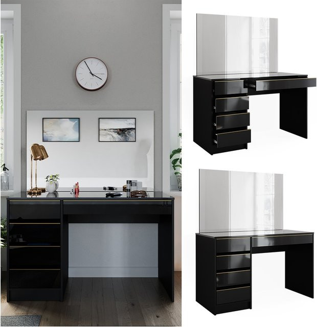 Vicco Schminktisch Sherry in Schwarz Hochglanz mit Gold-Akzenten, Spiegel und 5 Schubladen, B/T/H: 120 x 75 x 75 cm - Bild 1