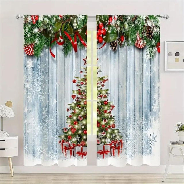 Yiran Furniture Weihnachtsvorhänge mit Weihnachtskugeln und Tannenblättern, 2-teiliges Set aus Polyester, Mehrfarbig, Breite: 65 cm, Höhe: 60 cm - Bild 1