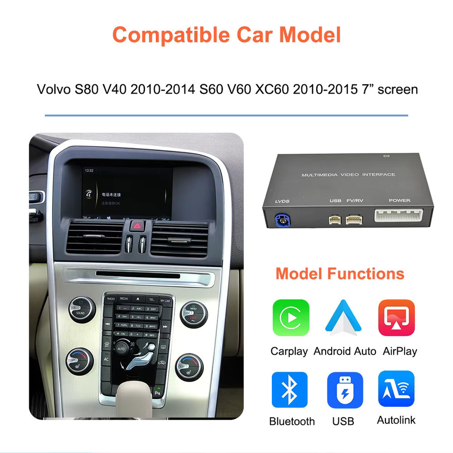 Bonroad Wireless Carplay und Android Auto Nachrüstkit für Volvo V40 V60 S60 XC60 V70 XC70 S80 (2010-2015) mit 7 Zoll Bildschirm in Schwarz - Bild 3