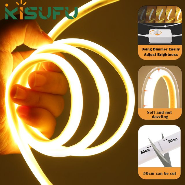KISUFU COB LED Neon Streifen Licht Warmweiß, dimmbar, IP67 Outdoor LED Band mit EU Stecker und Dimmer, B/H: 10 x 6 mm - Bild 1