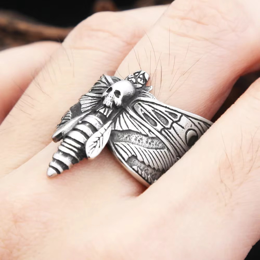 owlucky Ringe, Edelstahl, Vintage, Schädel Motte, Unisex, Silber - Bild 3