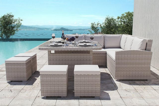 OUTFLEXX Country Collection Desert Garten-Essgruppe in Desert-Beige mit Tisch und 8 Sitzplätzen aus Aluminium und Polyester, B/T/H: 123 x 123 x 76 cm - Bild 1