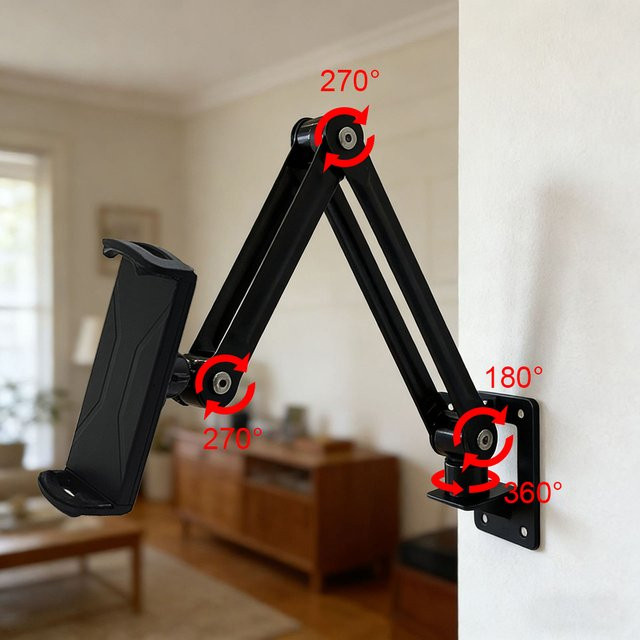 OUTMIX Tablet-Wandhalterung aus Aluminiumlegierung in Schwarz, faltbarer und 360 Grad drehbarer Universeller Handy- und Tablet-Ständer - Bild 1