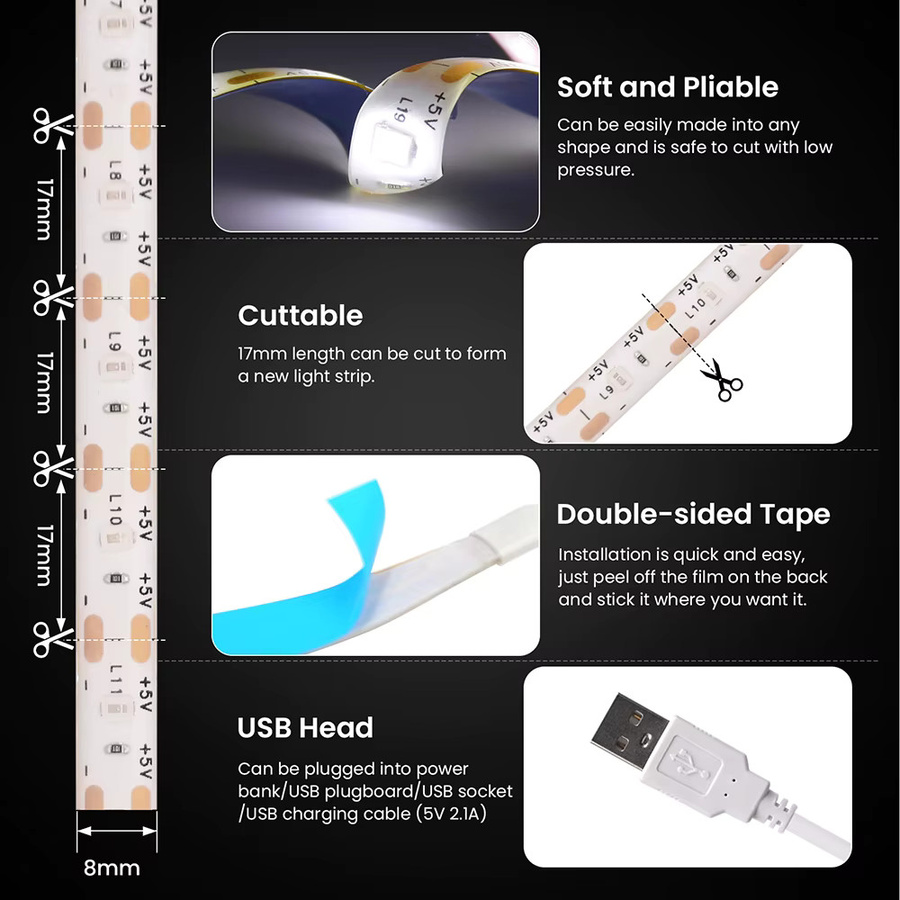 KISUFU USB LED Streifen mit Schalter, 5V wasserdichte 2835 SMD LED Leiste für Unterschränke, 60 LED/m, Farben: Rot, Blau, Weiß - Bild 3