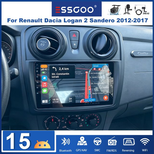 ESSGOO Android 15 Multimedia Autoradio mit 9 Zoll Touchscreen für Renault Logan 2 und Sandero 2 (2012-2019), Farbe: Schwarz, mit CarPlay, Android Auto, GPS, WiFi und Bluetooth - Bild 1