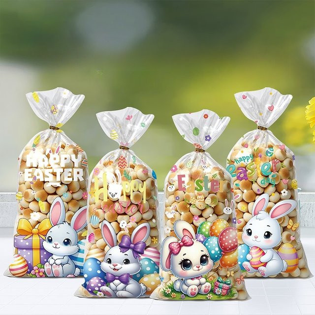 50 Stück bunte Ostern Geschenktaschen mit Kaninchen- und Osterei-Muster sowie goldener Krawatte zur Dekoration - Bild 1