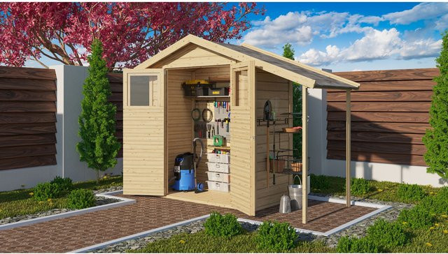 Karibu Holz Gartenhaus Hombach mit Anbaudach und 14mm Wandstärke - Bild 1