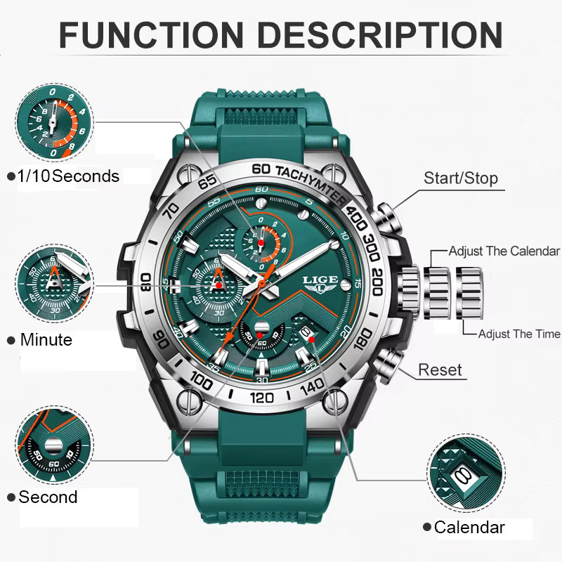 LIGE Chronograph Armbanduhr, Quarz, Silikon, Grün, Herren - Bild 6