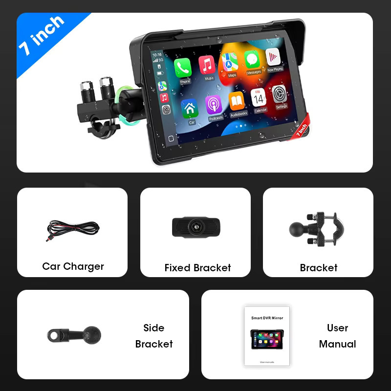 srnubi Tragbares 7 Zoll IPX7 Wasserdichtes Motorrad GPS Navigationsgerät mit Android Auto und CarPlay sowie DVR Video Recorder in Schwarz - Bild 5